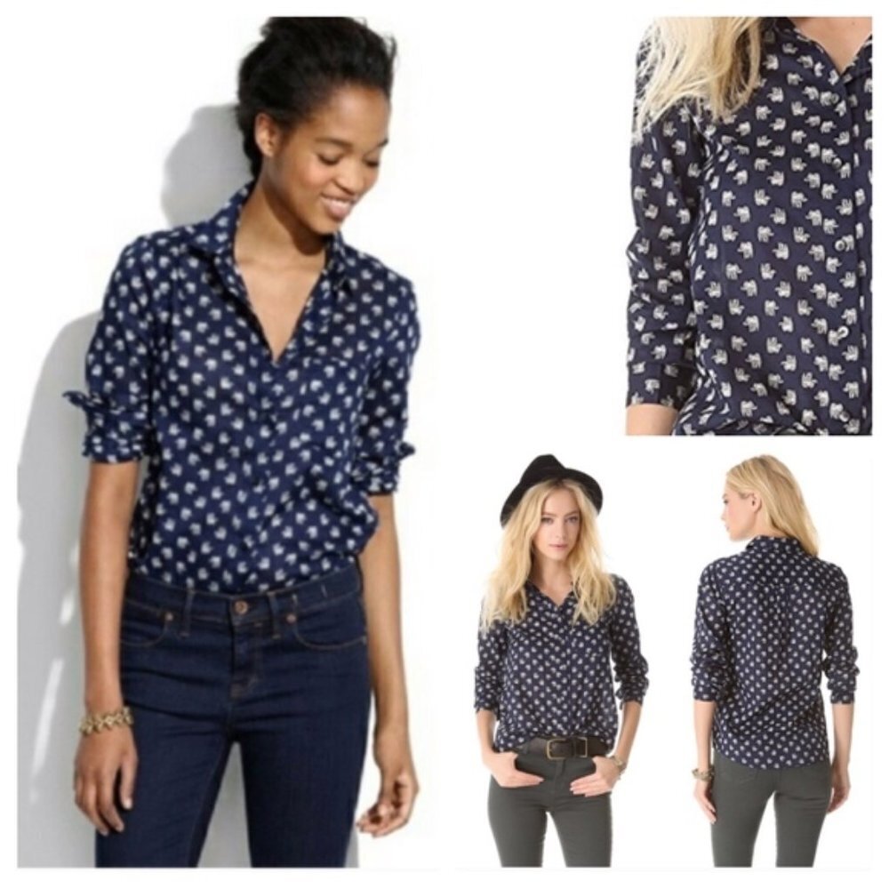 Madewell Elephant Print Eden Boy Shirt Top Navy Blue‎ XS Long Sleeve Lightweight